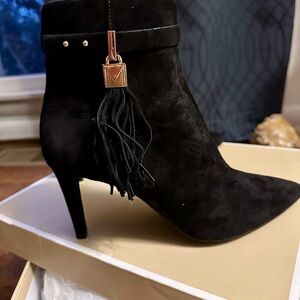 Michael Kors Black Suede Heeled Boots with Tassel